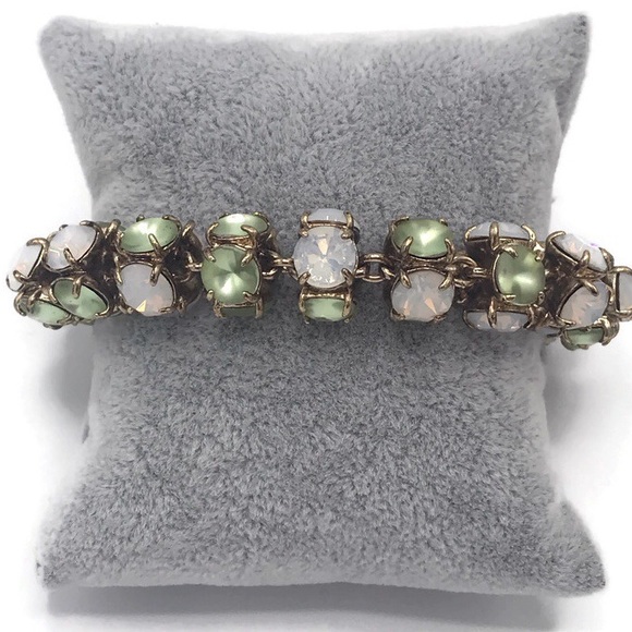 J Crew Tubular Green & White Stone Chain Link Gold-Tone Bracelet - Picture 3 of 6